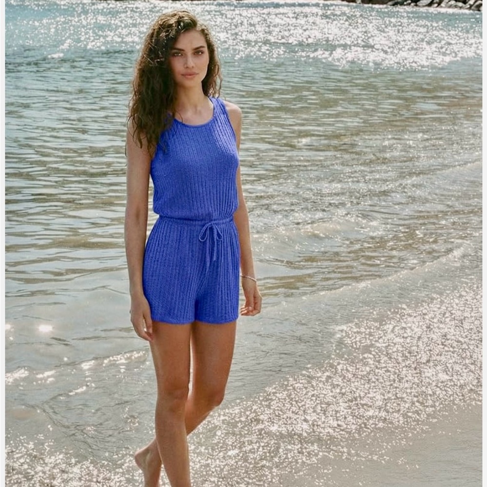 Sleeveless Ribbed Blue Romper - Picture 4 of 6